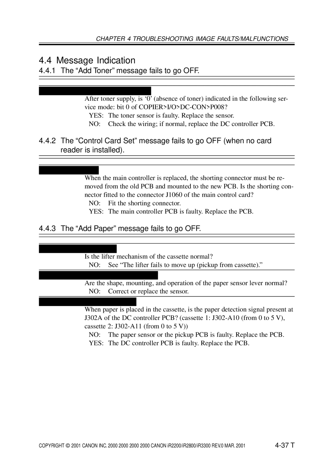 Canon IR2800, IR3300, IR2200 manual Message Indication, Add Toner message fails to go OFF, Add Paper message fails to go OFF 