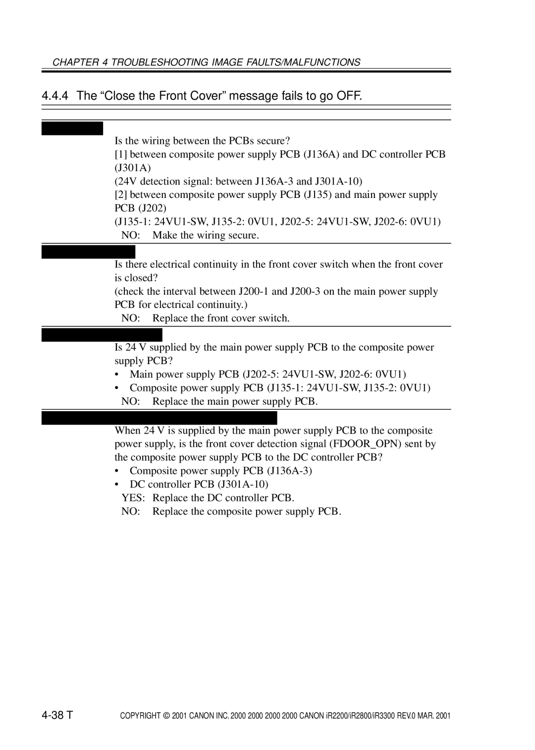 Canon IR2200, IR3300, IR2800 manual Close the Front Cover message fails to go OFF, 38 T 