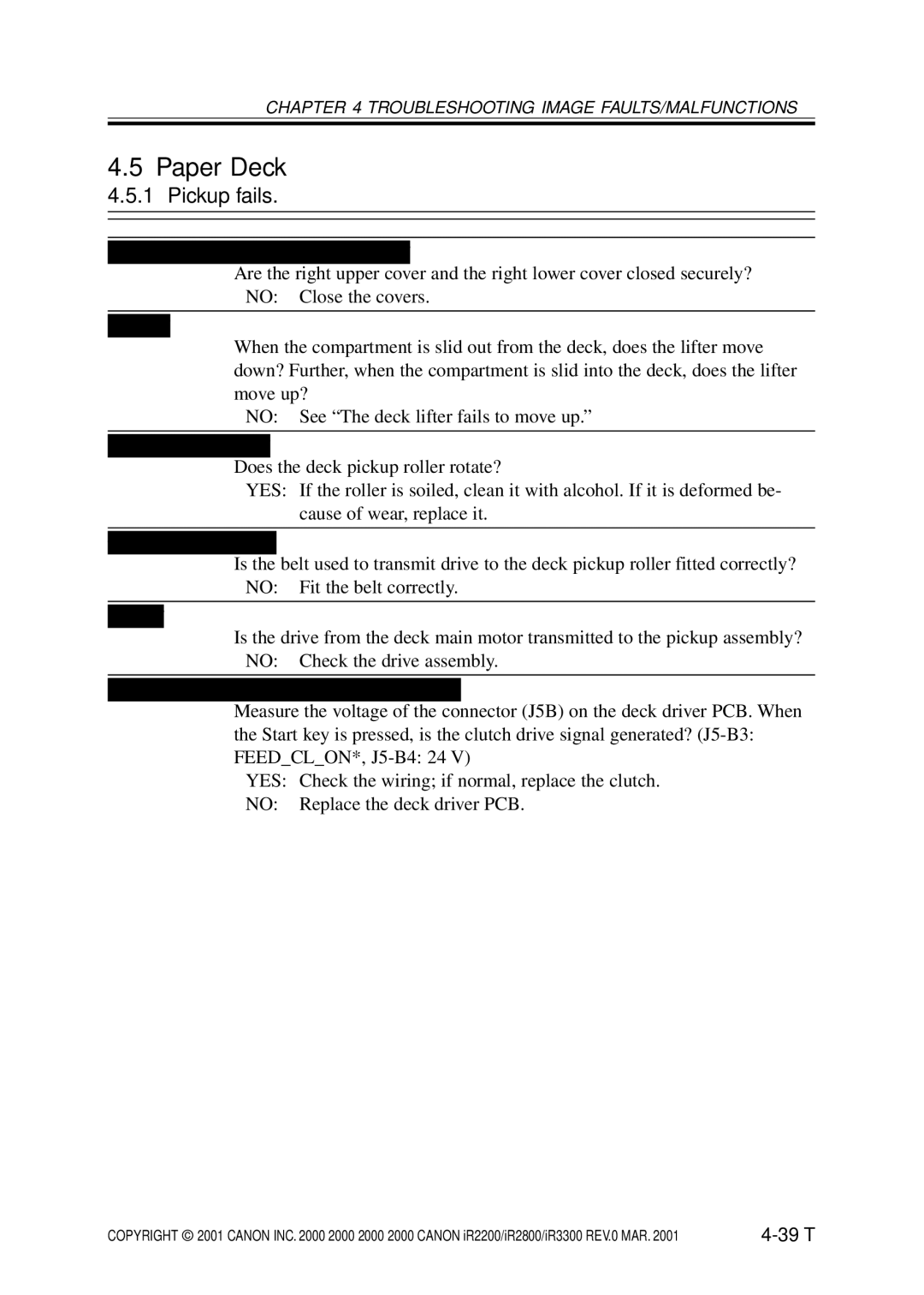 Canon IR3300, IR2800, IR2200 manual Paper Deck, Pickup fails 