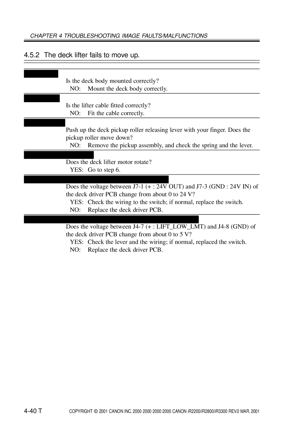 Canon IR2800, IR3300, IR2200 manual Deck lifter fails to move up, 40 T 