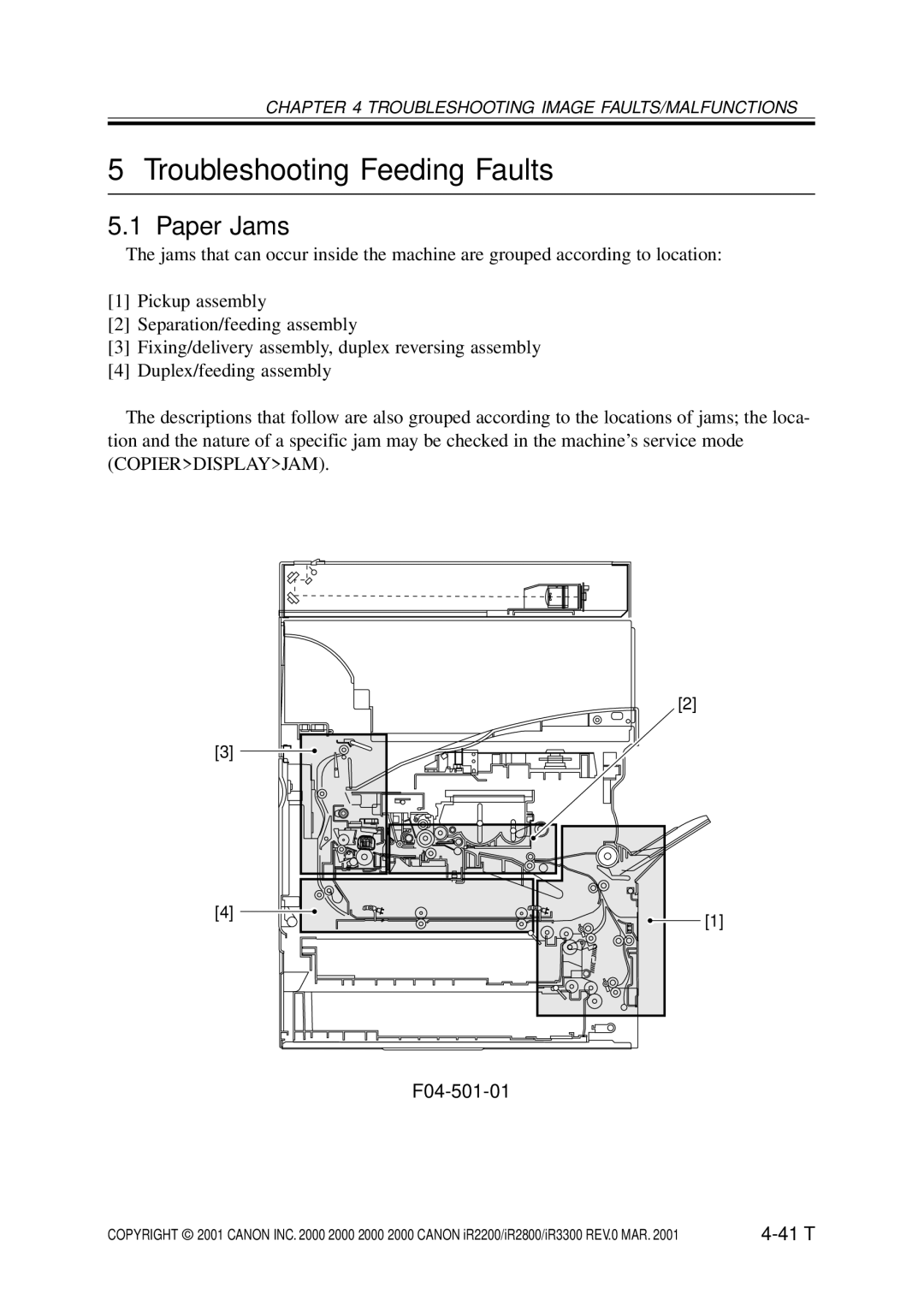 Canon IR2200, IR3300, IR2800 manual Troubleshooting Feeding Faults, Paper Jams, F04-501-01 