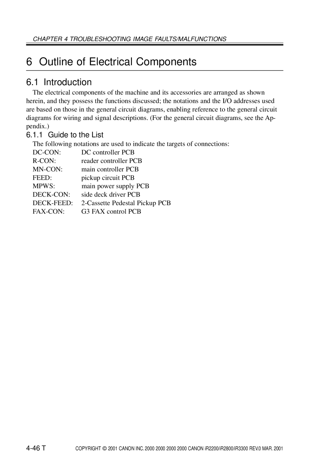 Canon IR2800, IR3300, IR2200 manual Outline of Electrical Components, Introduction, Guide to the List, 46 T 