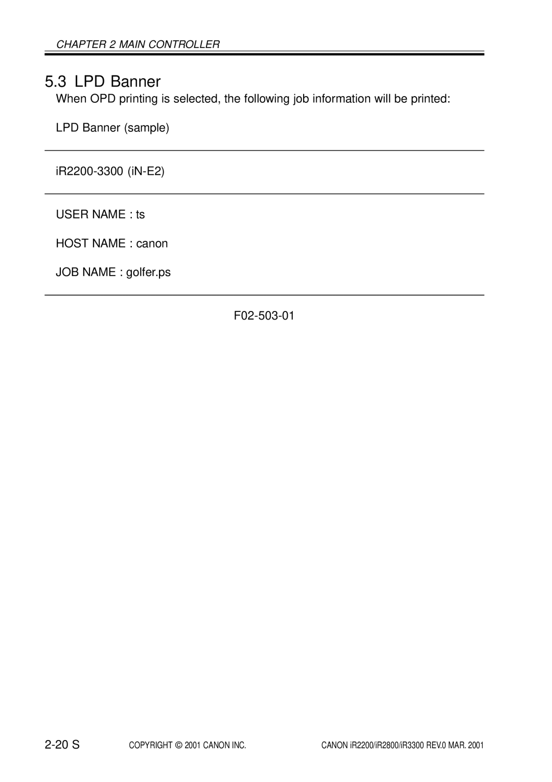 Canon IR3300, IR2800, IR2200 manual LPD Banner, F02-503-01 20 S 