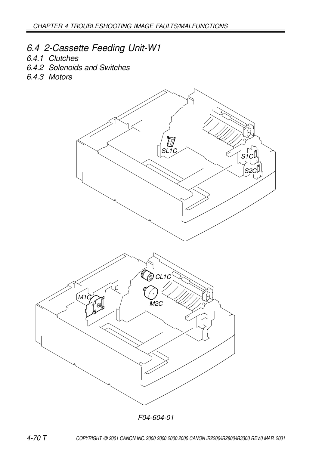 Canon IR2800, IR3300, IR2200 manual Cassette Feeding Unit-W1, Clutches Solenoids and Switches Motors, F04-604-01 70 T 