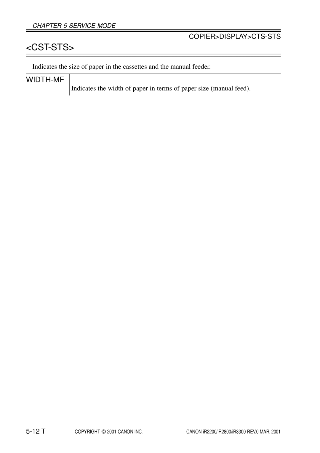 Canon IR2800, IR3300, IR2200 manual Cst-Sts, Width-Mf 