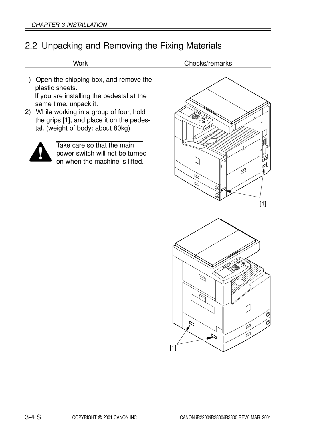 Canon IR2200, IR3300, IR2800 manual Unpacking and Removing the Fixing Materials 