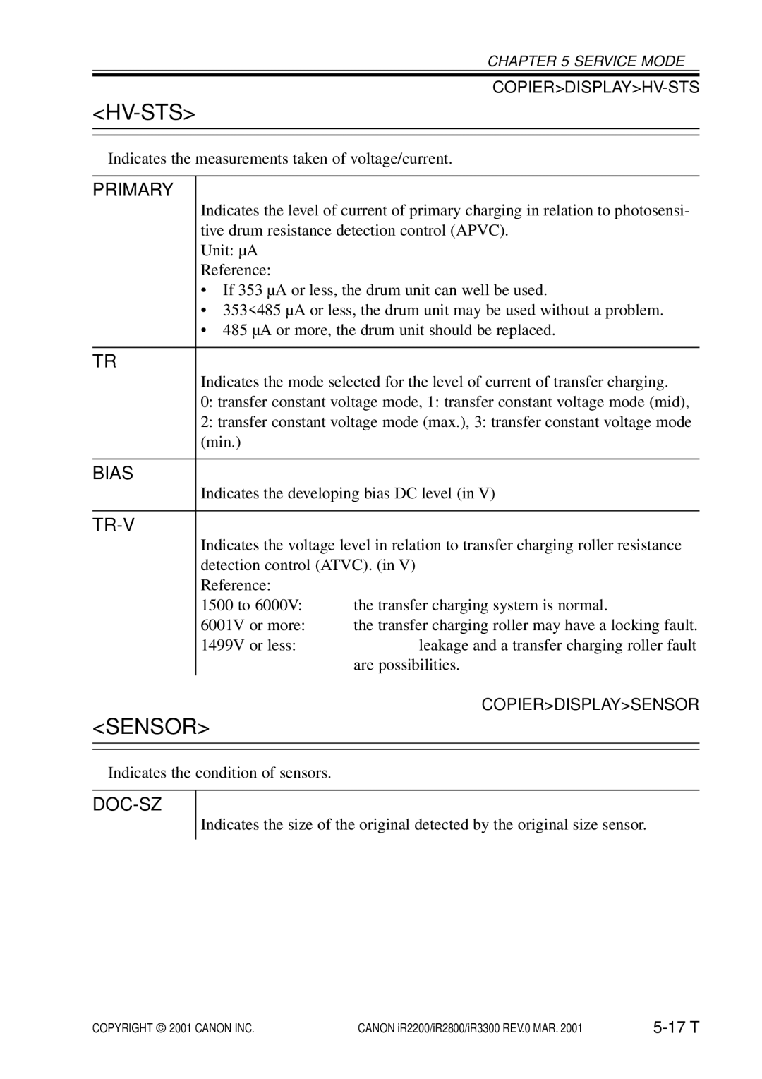 Canon IR3300, IR2800, IR2200 manual Hv-Sts, Sensor 