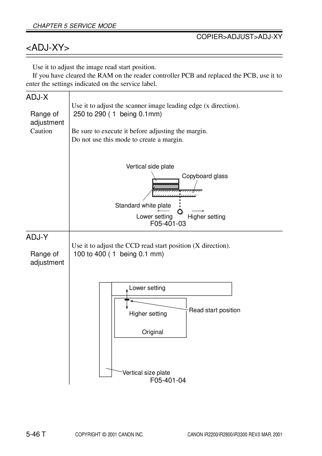 Canon IR2200, IR3300, IR2800 manual Adj-Xy, Adj-Y, F05-401-03, F05-401-04 46 T 