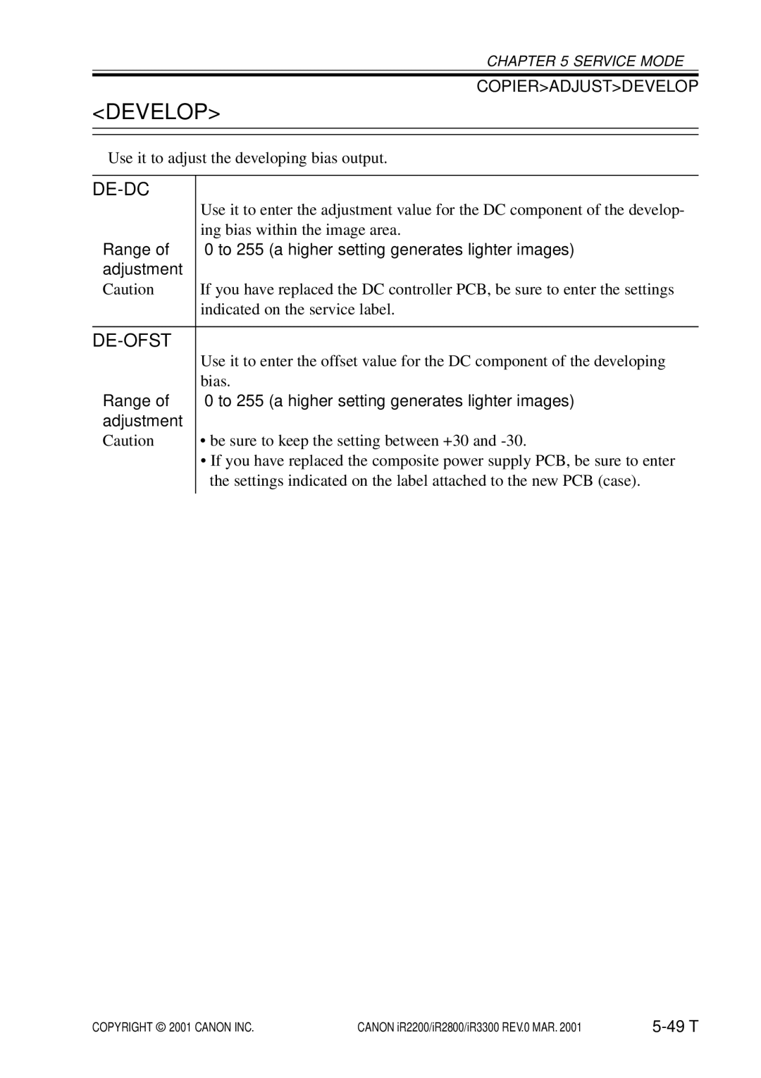 Canon IR2200, IR3300, IR2800 manual Develop, De-Dc, De-Ofst 
