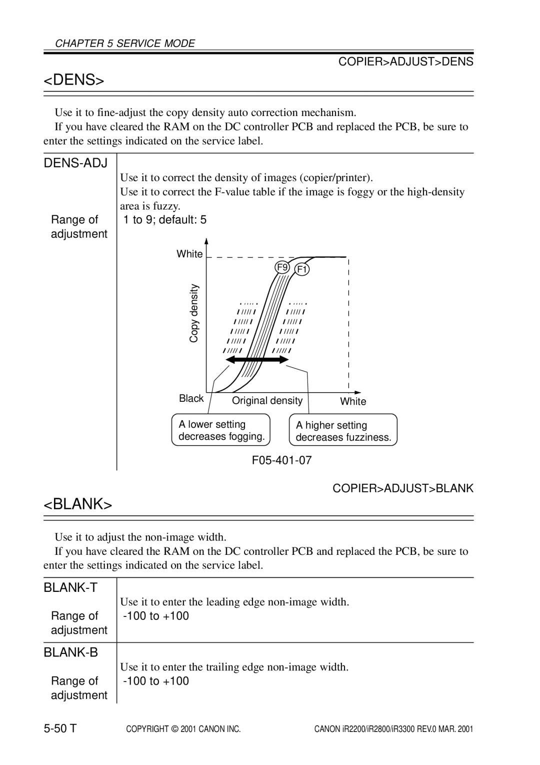 Canon IR3300, IR2800, IR2200 manual Dens-Adj, Blank-T, Blank-B 