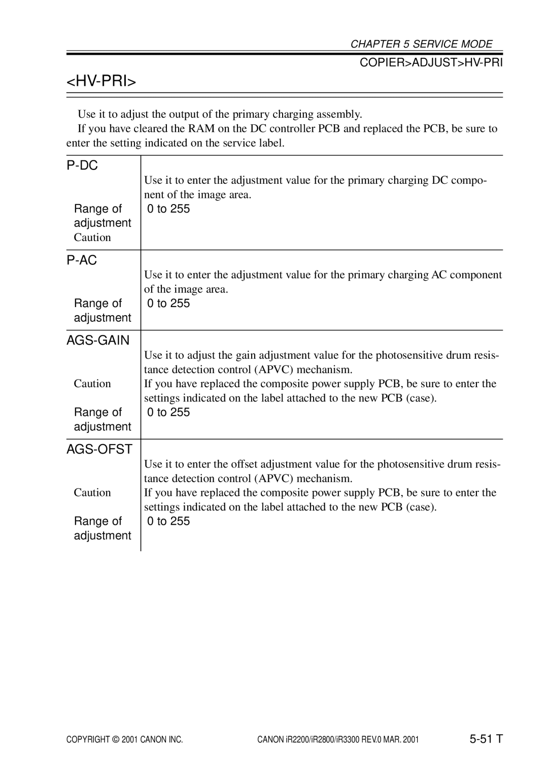 Canon IR2800, IR3300, IR2200 manual Hv-Pri, Ags-Gain, Ags-Ofst 