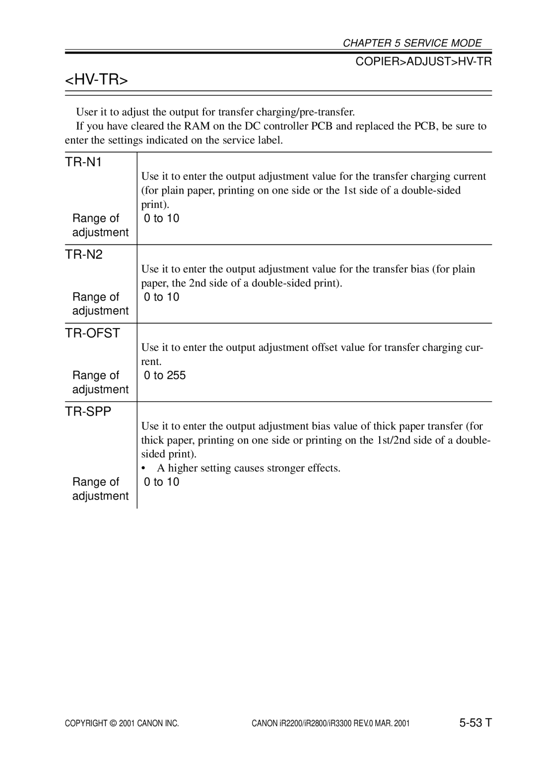 Canon IR3300, IR2800, IR2200 manual Hv-Tr, TR-N1, TR-N2, Tr-Ofst, Tr-Spp 