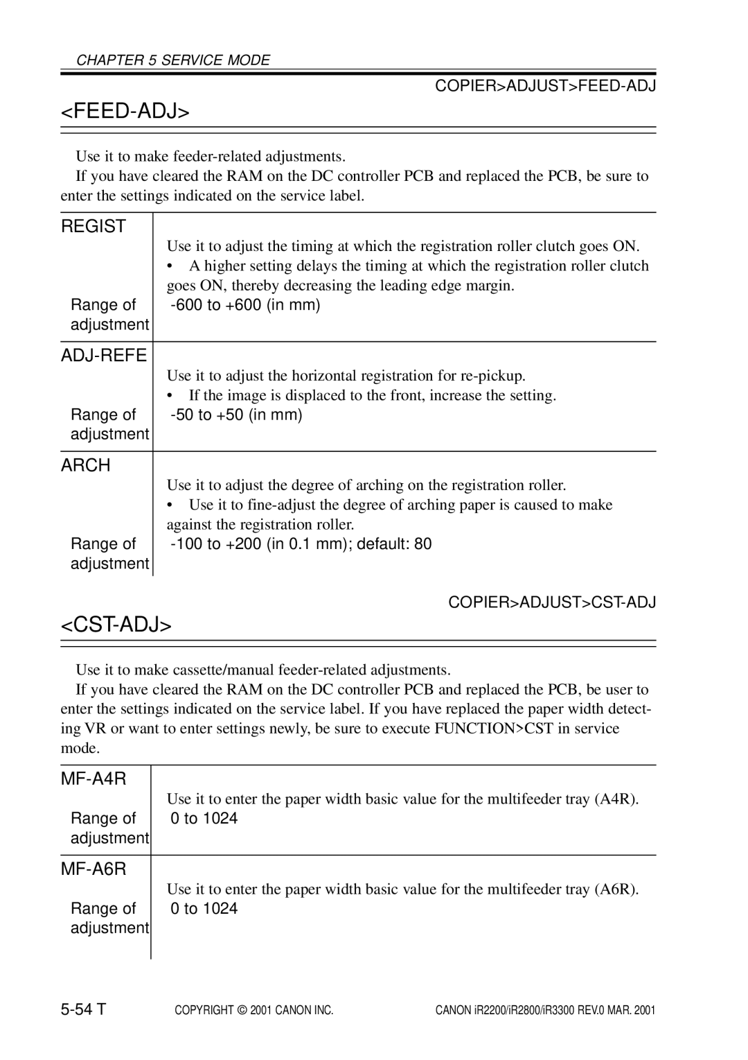 Canon IR2800, IR3300, IR2200 manual Feed-Adj, Cst-Adj 