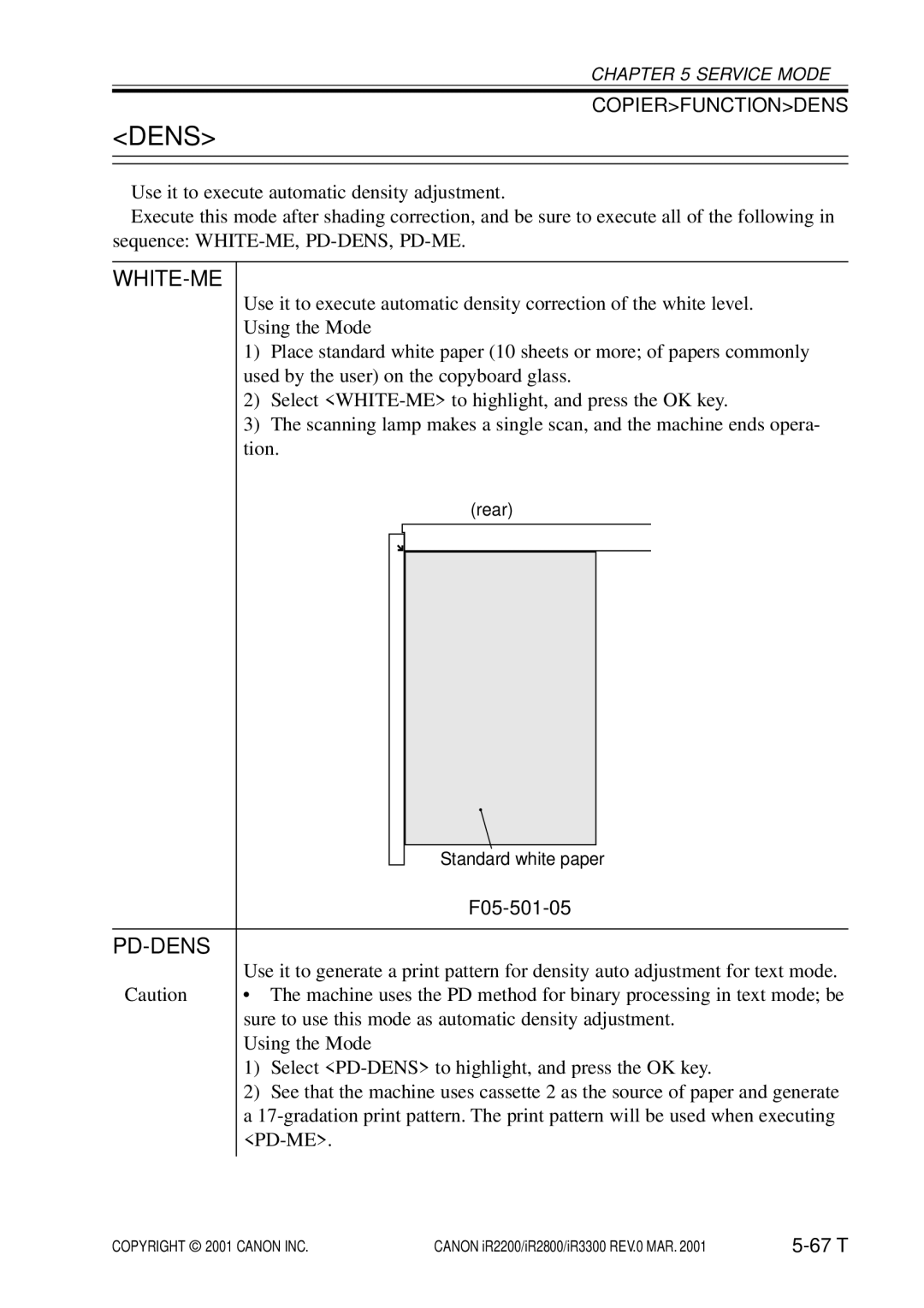 Canon IR2200, IR3300, IR2800 manual White-Me, Pd-Dens, F05-501-05 