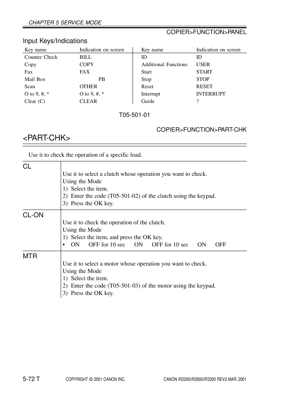 Canon IR2800, IR3300, IR2200 manual Part-Chk, Input Keys/Indications, Cl-On, Mtr, T05-501-01 