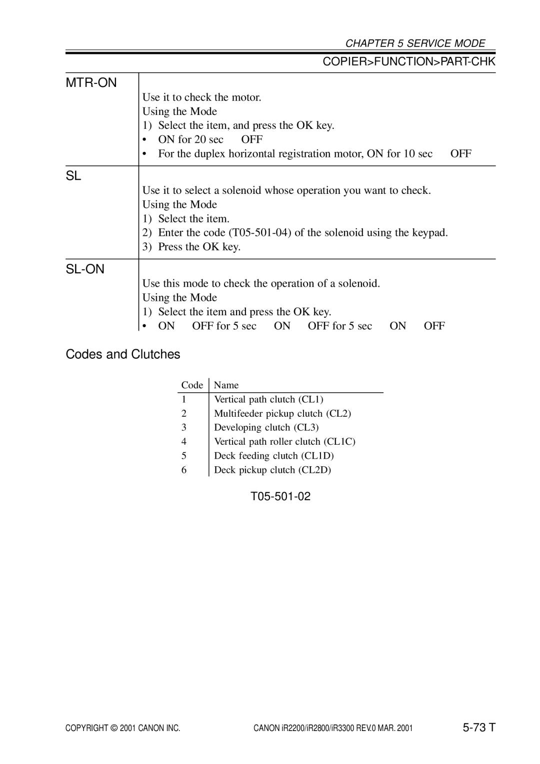 Canon IR2200, IR3300, IR2800 manual Mtr-On, Sl-On, Codes and Clutches, T05-501-02 