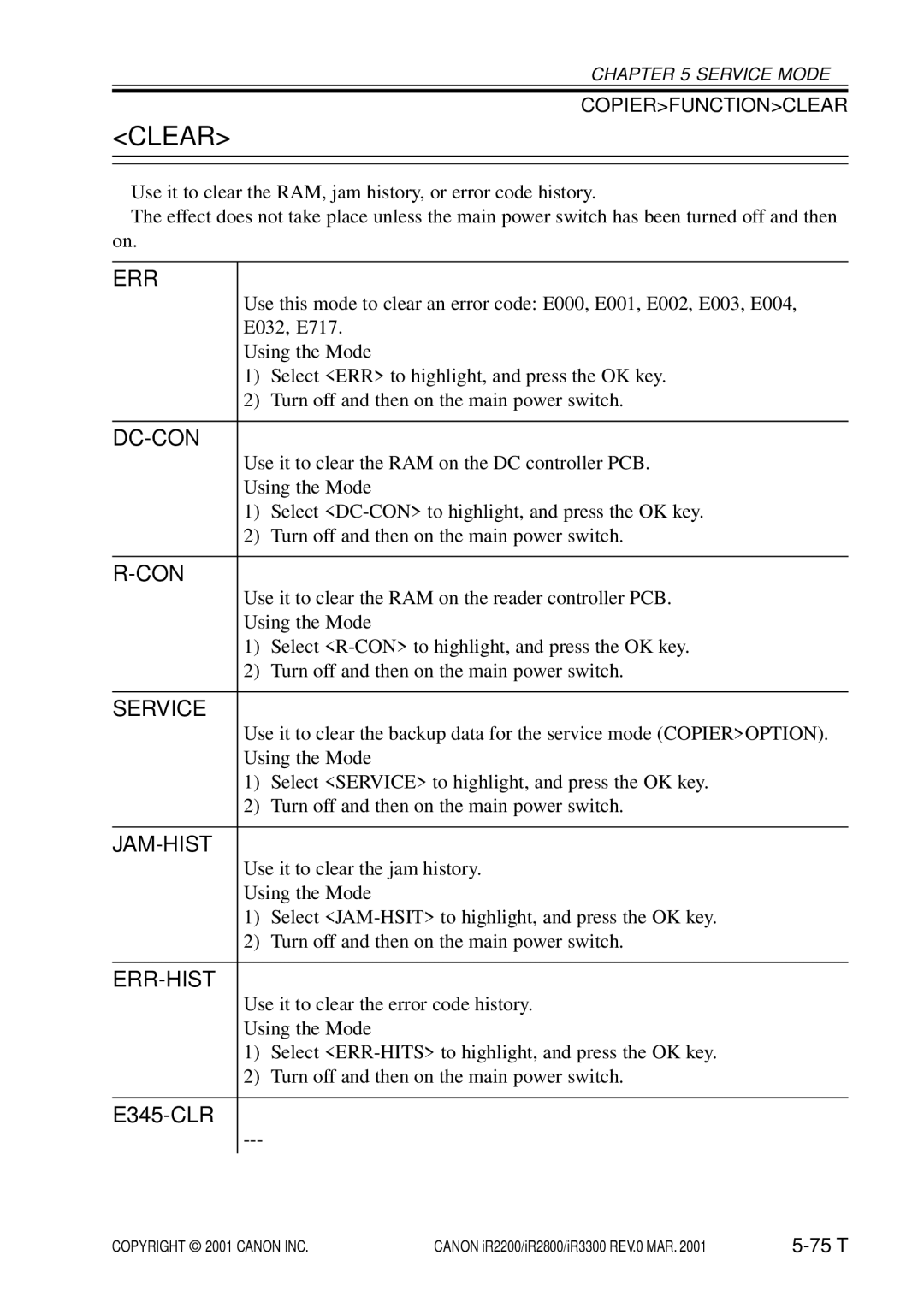 Canon IR2800, IR3300, IR2200 manual Clear, Service, Jam-Hist, Err-Hist 