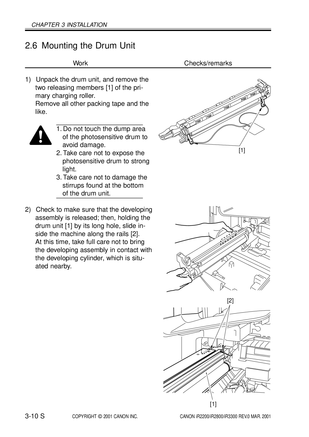 Canon IR2200, IR3300, IR2800 manual Mounting the Drum Unit, 10 S 