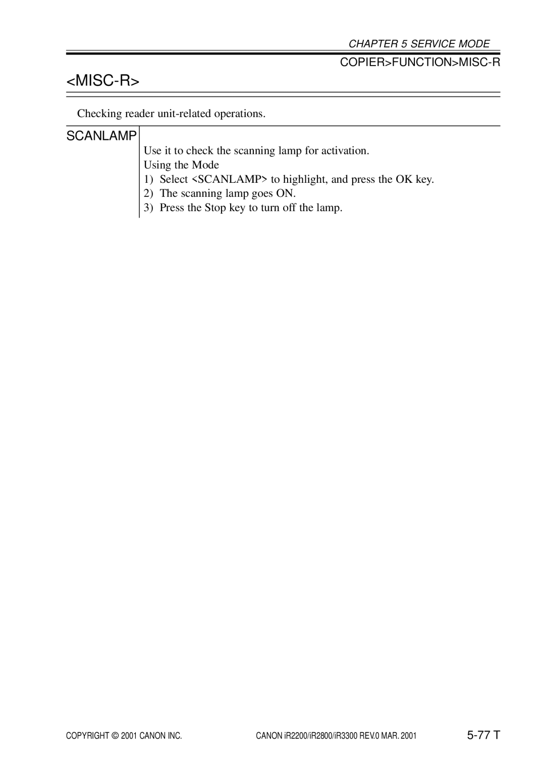 Canon IR3300, IR2800, IR2200 manual Misc-R, Scanlamp 
