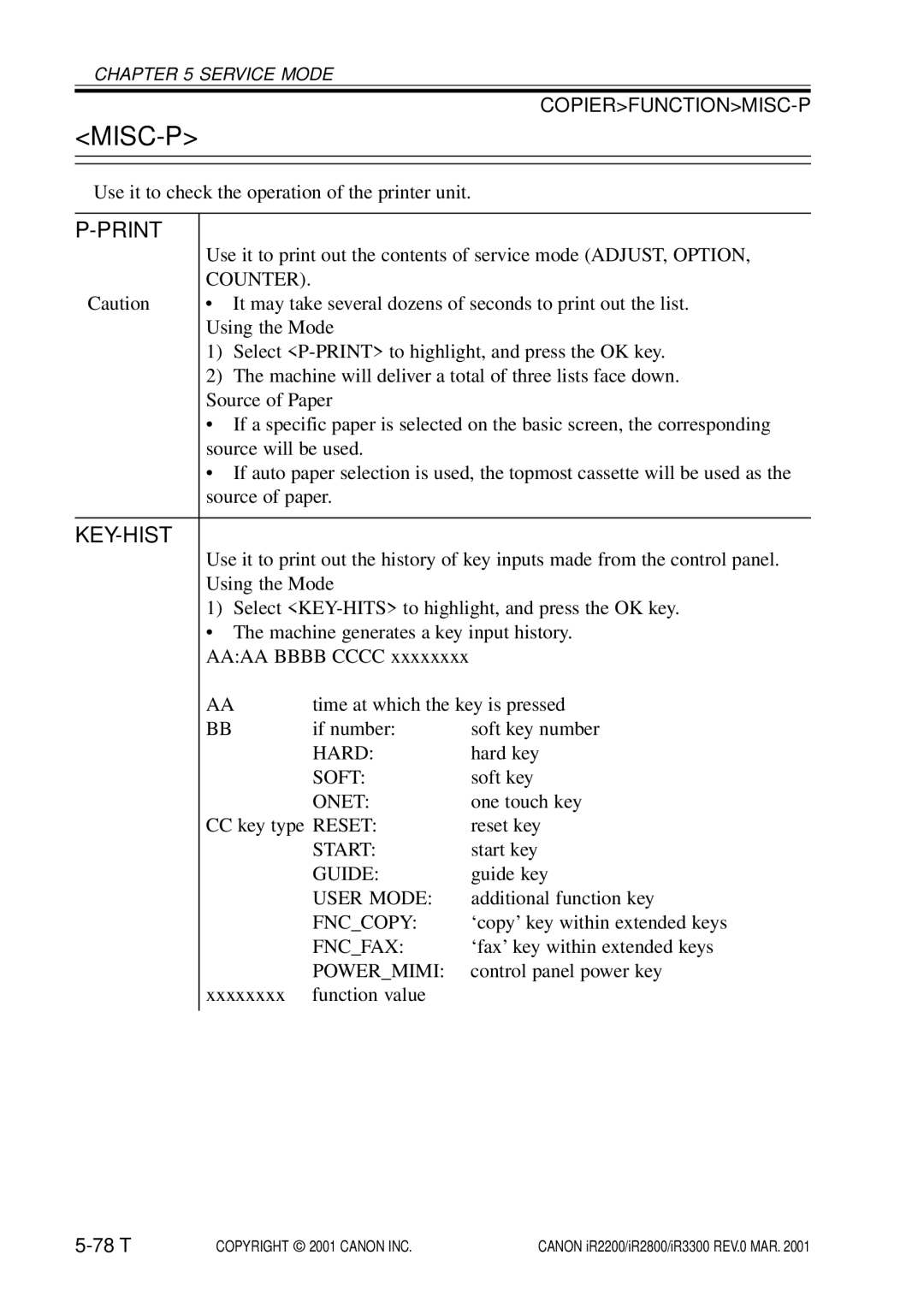 Canon IR2800, IR3300, IR2200 manual Misc-P, Print, Key-Hist 