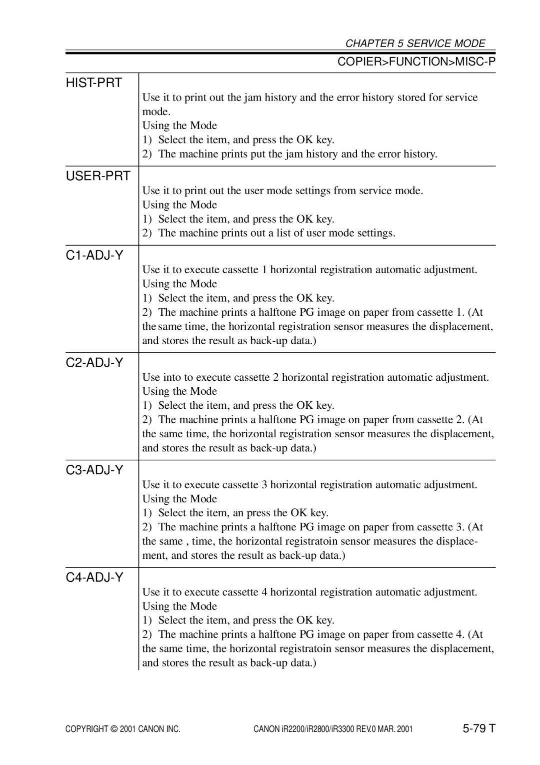 Canon IR2200, IR3300, IR2800 manual Hist-Prt, User-Prt, C1-ADJ-Y, C2-ADJ-Y, C3-ADJ-Y, C4-ADJ-Y 
