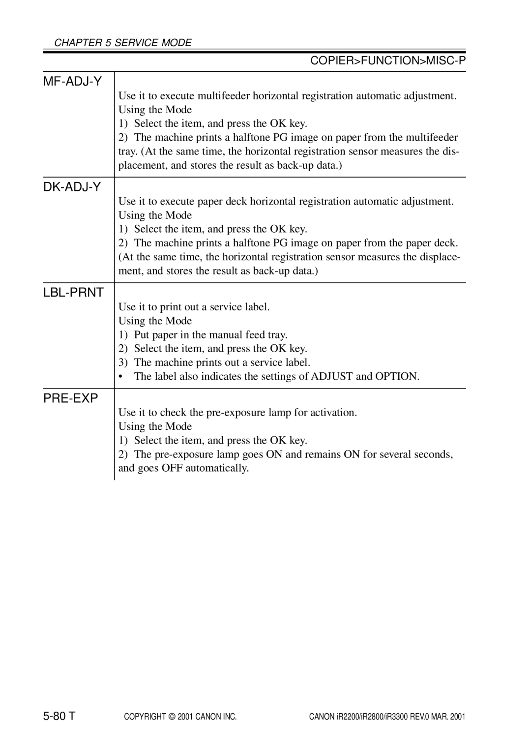 Canon IR3300, IR2800, IR2200 manual Mf-Adj-Y, Lbl-Prnt, Pre-Exp 