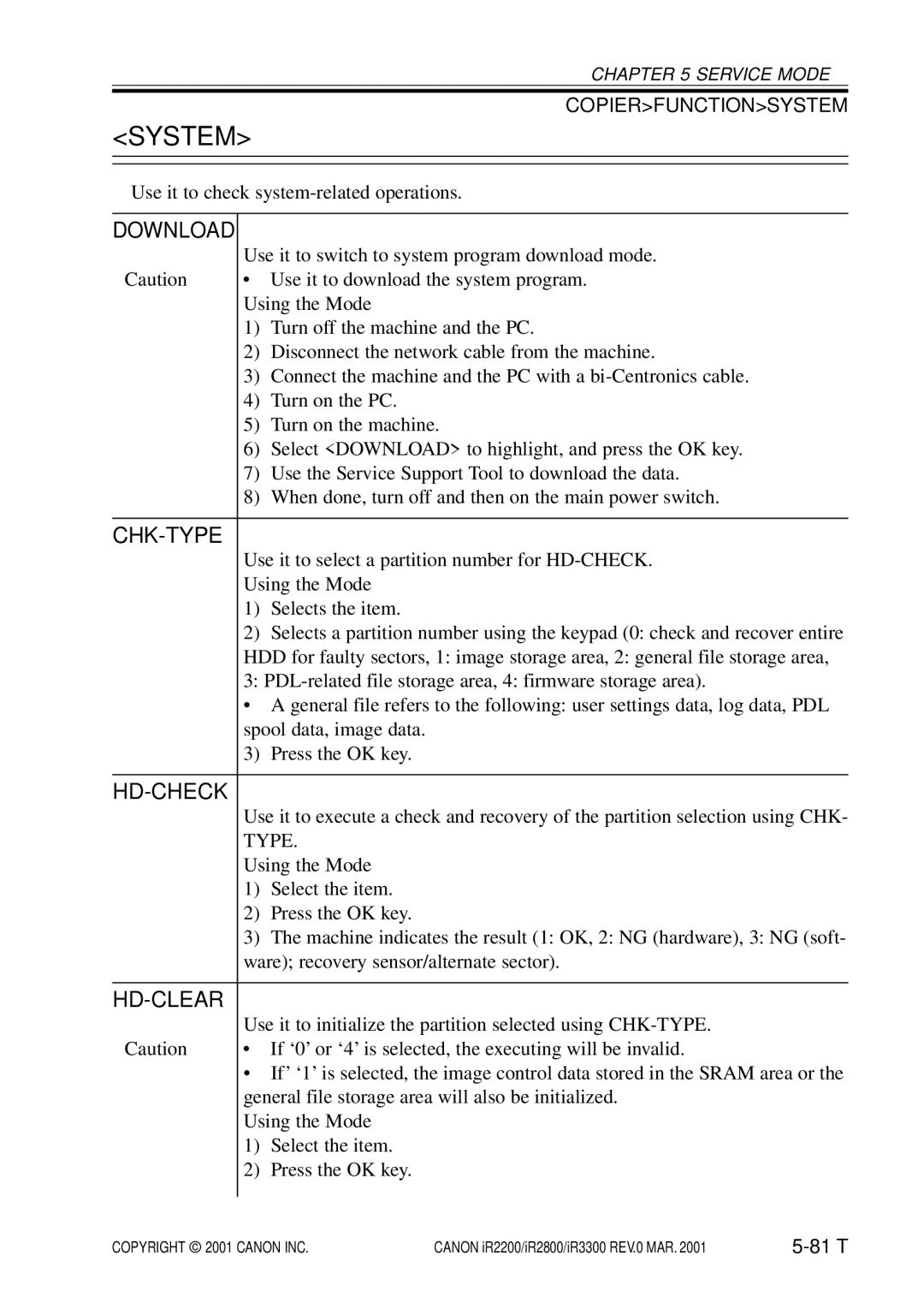 Canon IR2800, IR3300, IR2200 manual System, Download, Chk-Type, Hd-Check, Hd-Clear 