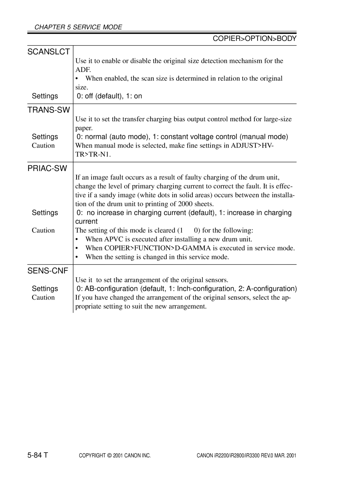 Canon IR2800, IR3300, IR2200 manual Scanslct, Trans-Sw, Priac-Sw, Sens-Cnf, 84 T 