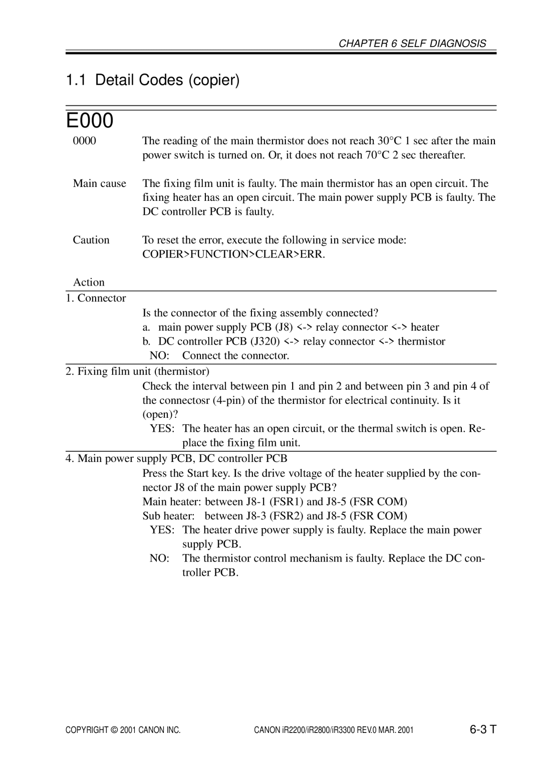 Canon IR2800, IR3300, IR2200 manual E000, Detail Codes copier, Copierfunctionclearerr 