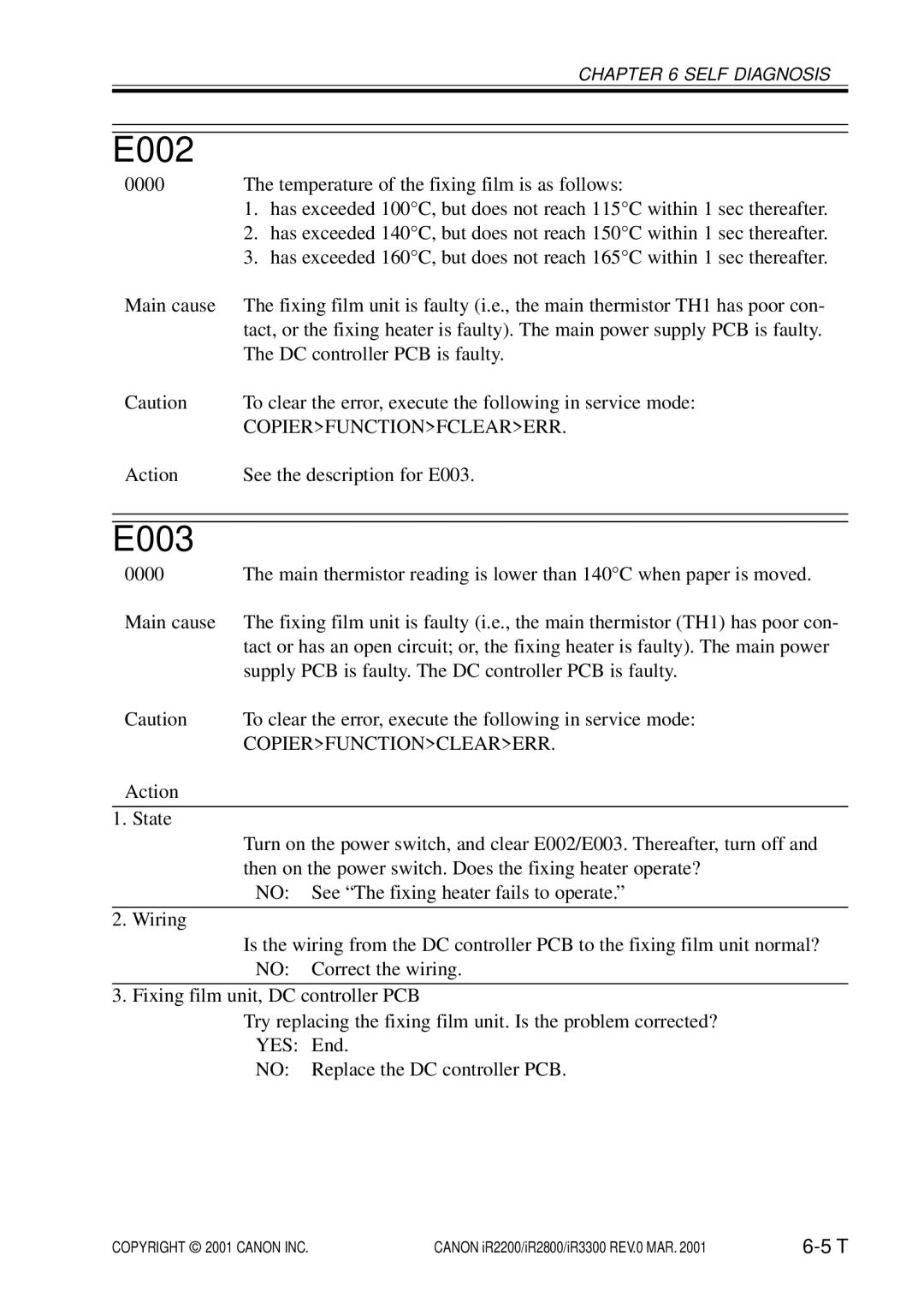 Canon IR3300, IR2800, IR2200 manual E002, E003, Copierfunctionfclearerr 