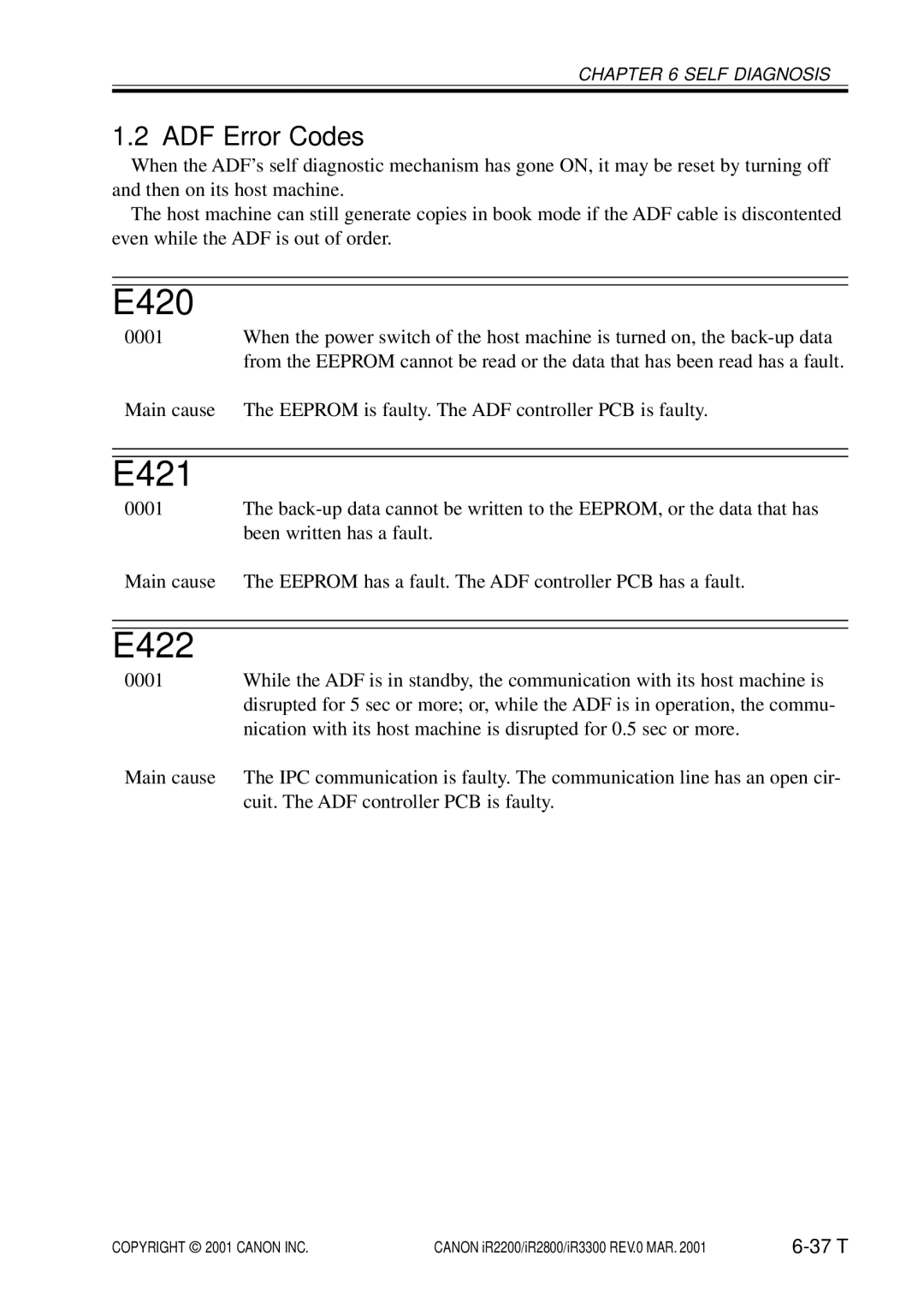 Canon IR2200, IR3300, IR2800 manual E420, E421, E422, ADF Error Codes 