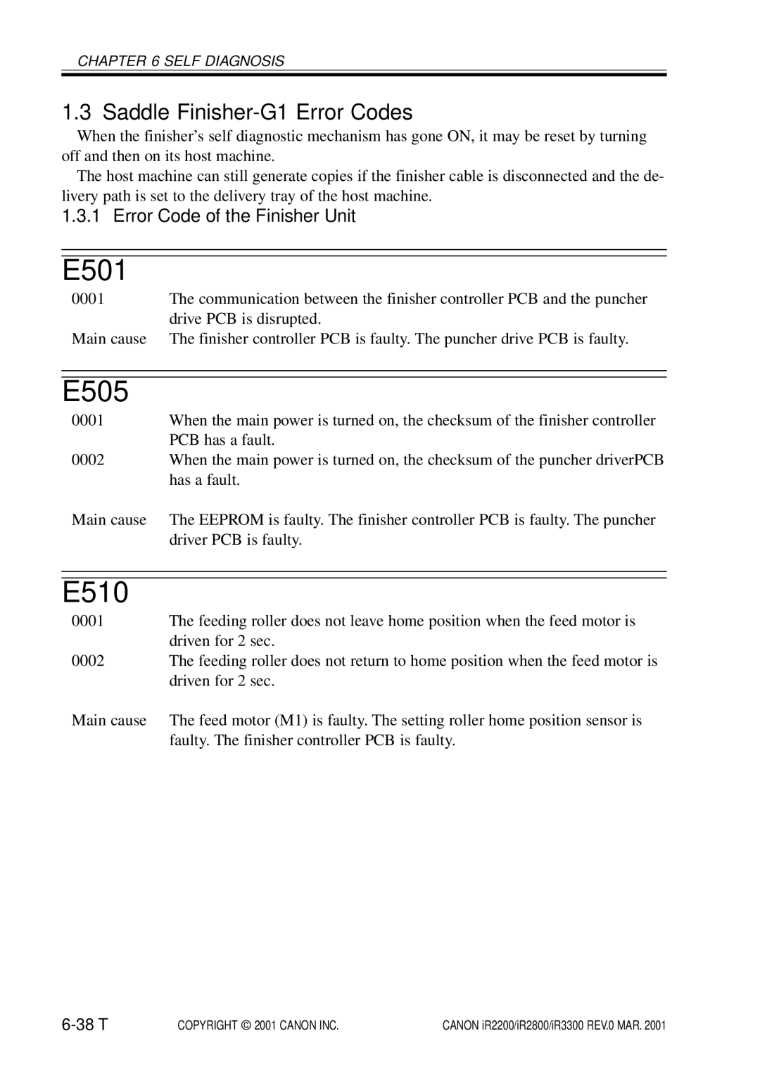 Canon IR3300, IR2800, IR2200 manual E501, E505, E510, Saddle Finisher-G1 Error Codes, Error Code of the Finisher Unit 