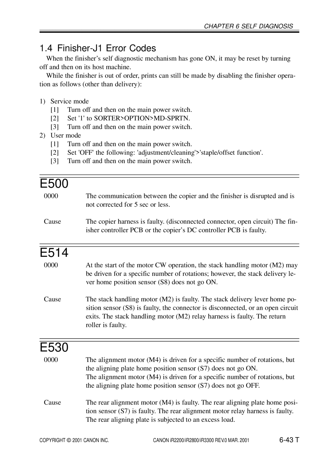 Canon IR2200, IR3300, IR2800 manual E500, Finisher-J1 Error Codes 