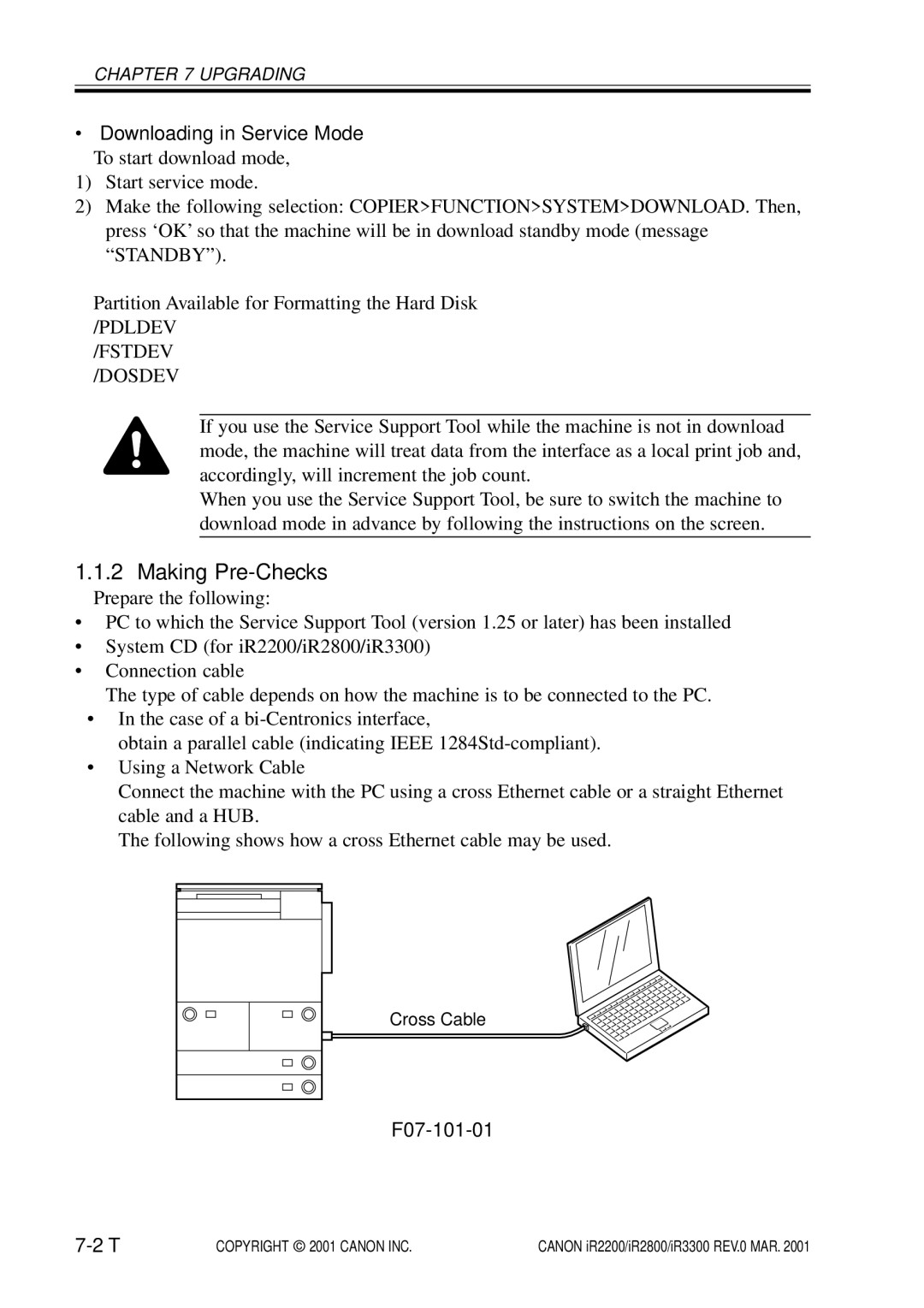 Canon IR2800, IR3300, IR2200 manual Making Pre-Checks, Downloading in Service Mode, Pdldev Fstdev Dosdev 