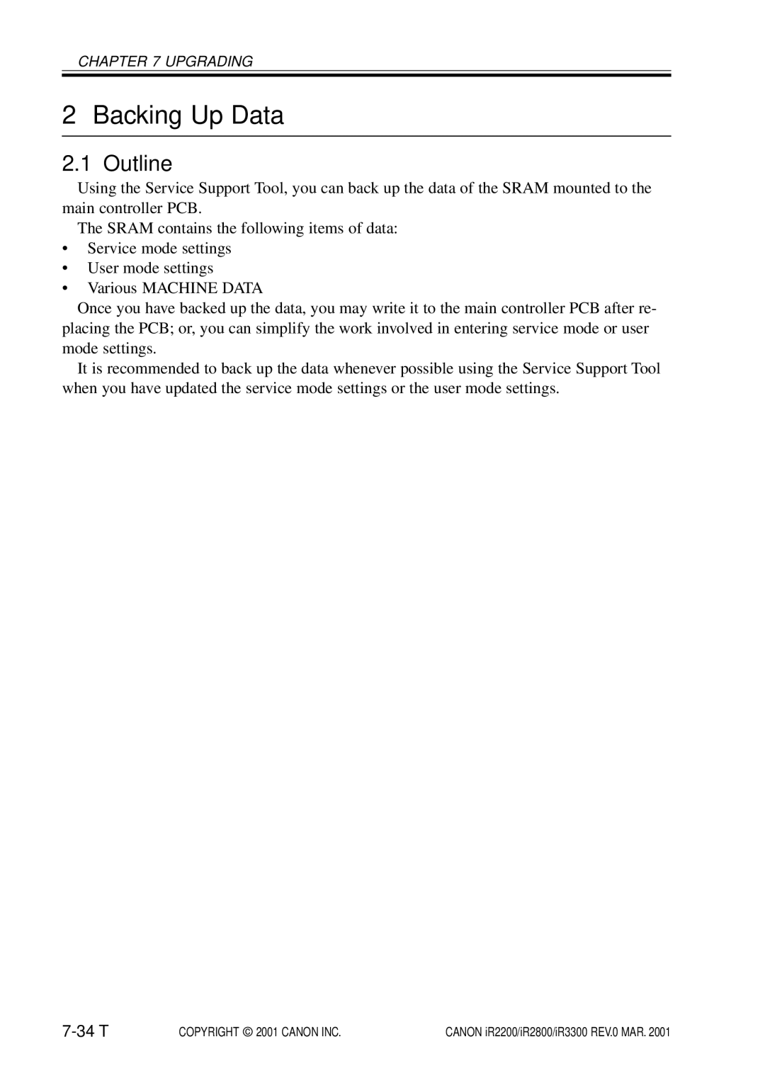 Canon IR3300, IR2800, IR2200 manual Backing Up Data, Outline 