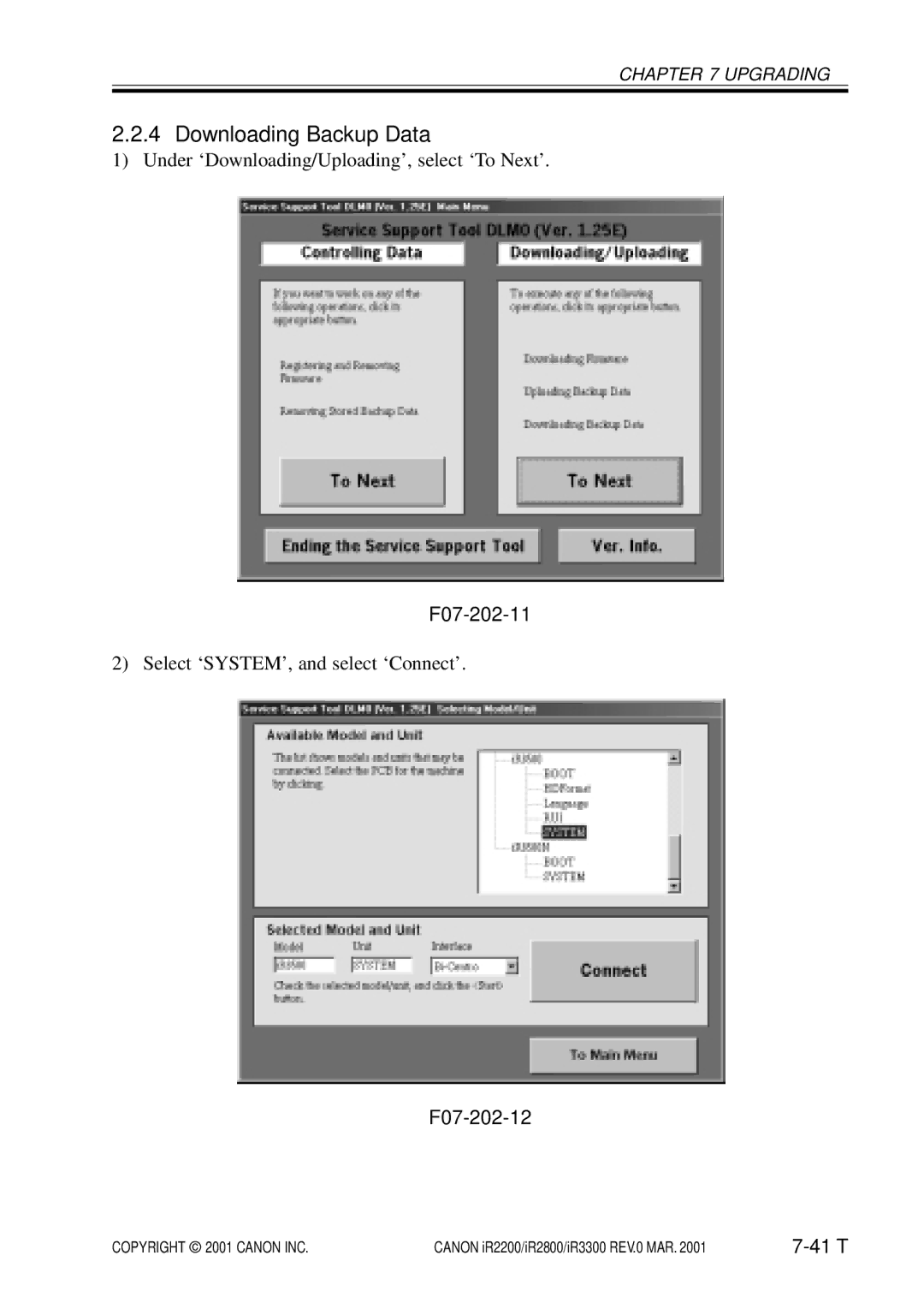 Canon IR2800, IR3300, IR2200 manual Downloading Backup Data, F07-202-11, F07-202-12 