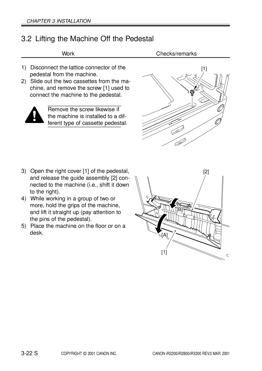 Canon IR2200, IR3300, IR2800 manual Lifting the Machine Off the Pedestal, 22 S 