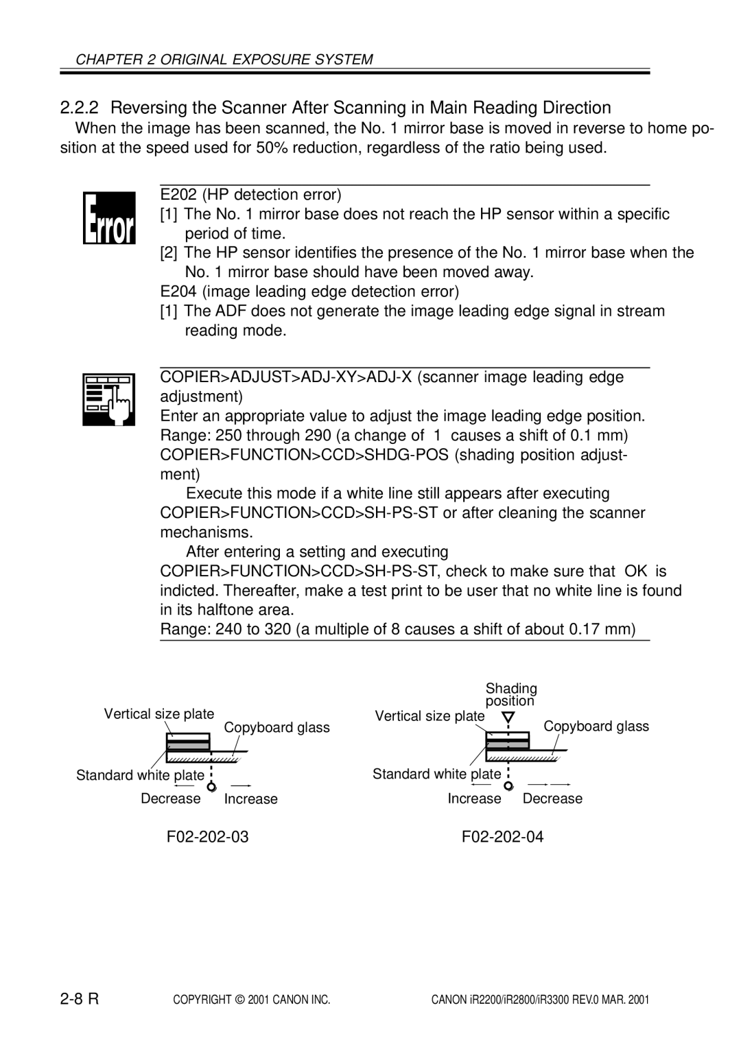 Canon IR2200, IR3300, IR2800 manual E202 HP detection error, E204 image leading edge detection error, F02-202-03 