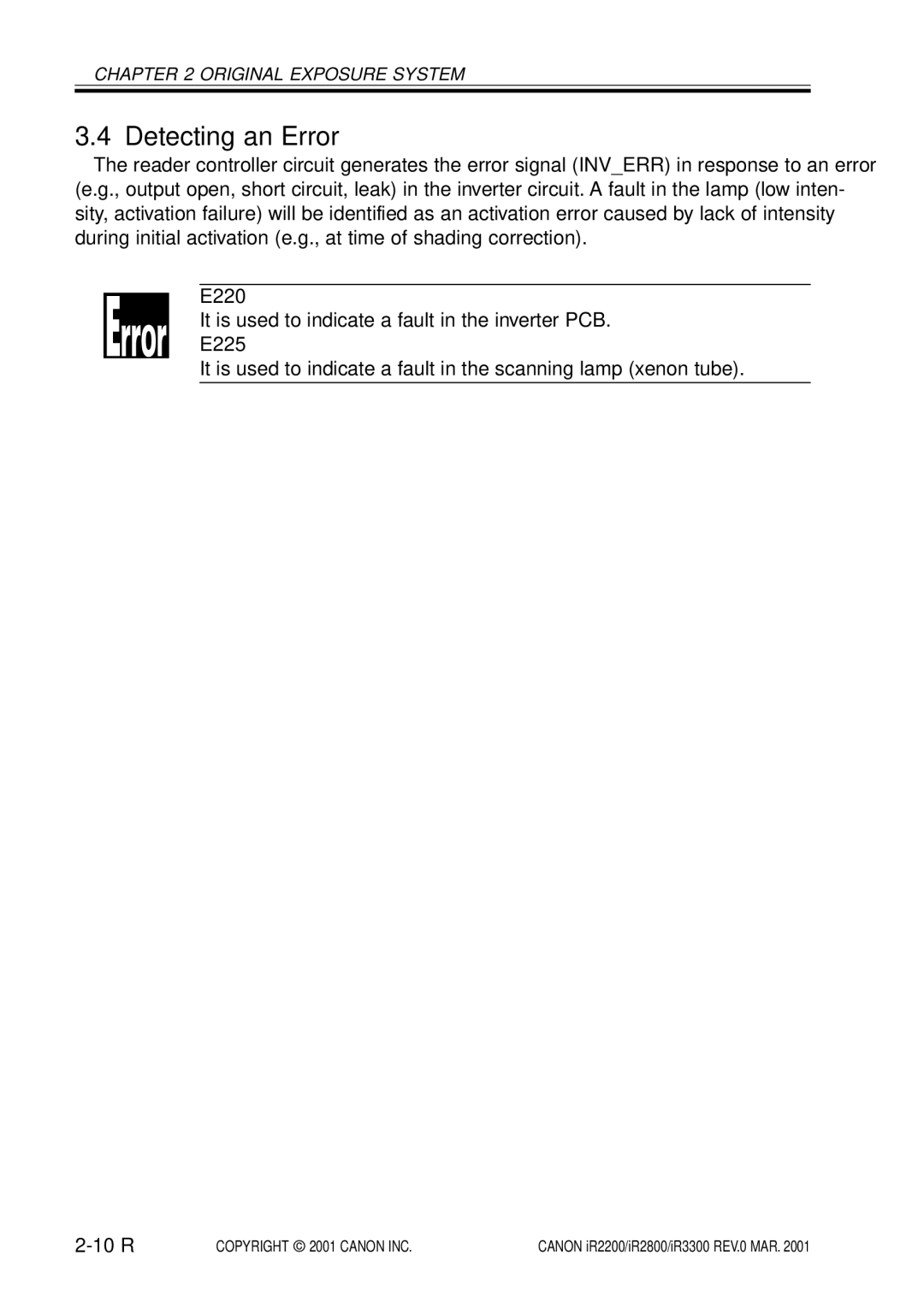 Canon IR2800, IR3300, IR2200 manual Detecting an Error, E220, E225, 10 R 