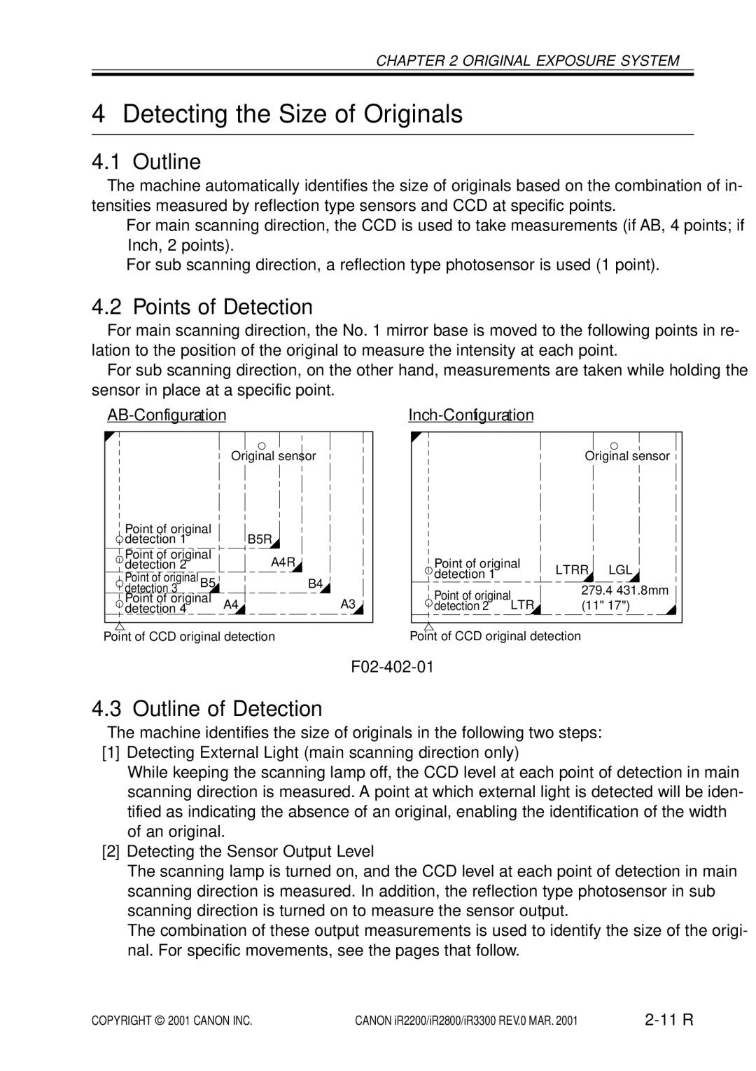 Canon IR2200, IR3300, IR2800 manual Detecting the Size of Originals, Points of Detection, Outline of Detection, F02-402-01 