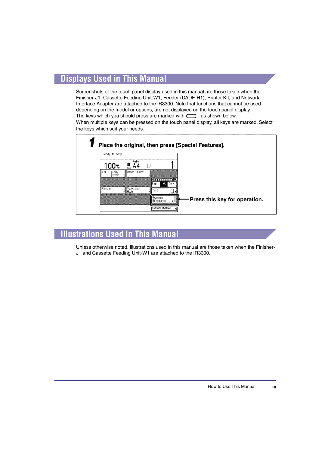 Canon IR3300 manual Displays Used in This Manual, Illustrations Used in This Manual 