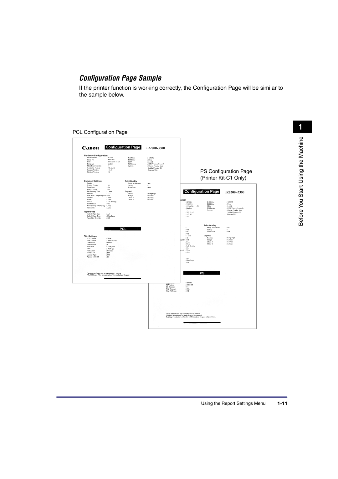 Canon IR3300 manual Conﬁguration Page Sample 