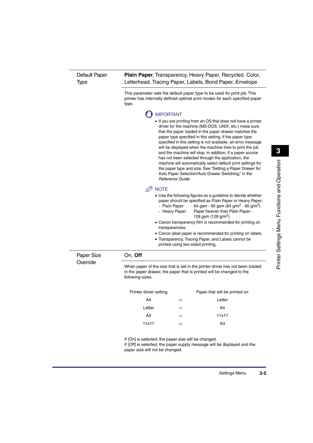 Canon IR3300 manual Paper Size On, Off Override, Has not been selected through the application 