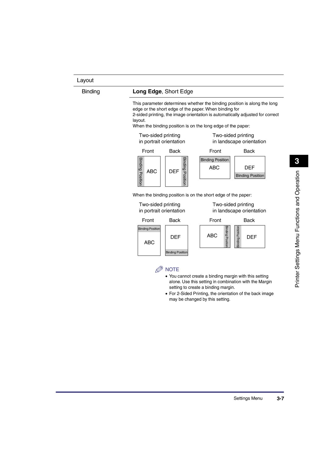 Canon IR3300 manual Layout Binding Long Edge, Short Edge, Operation, Printer 