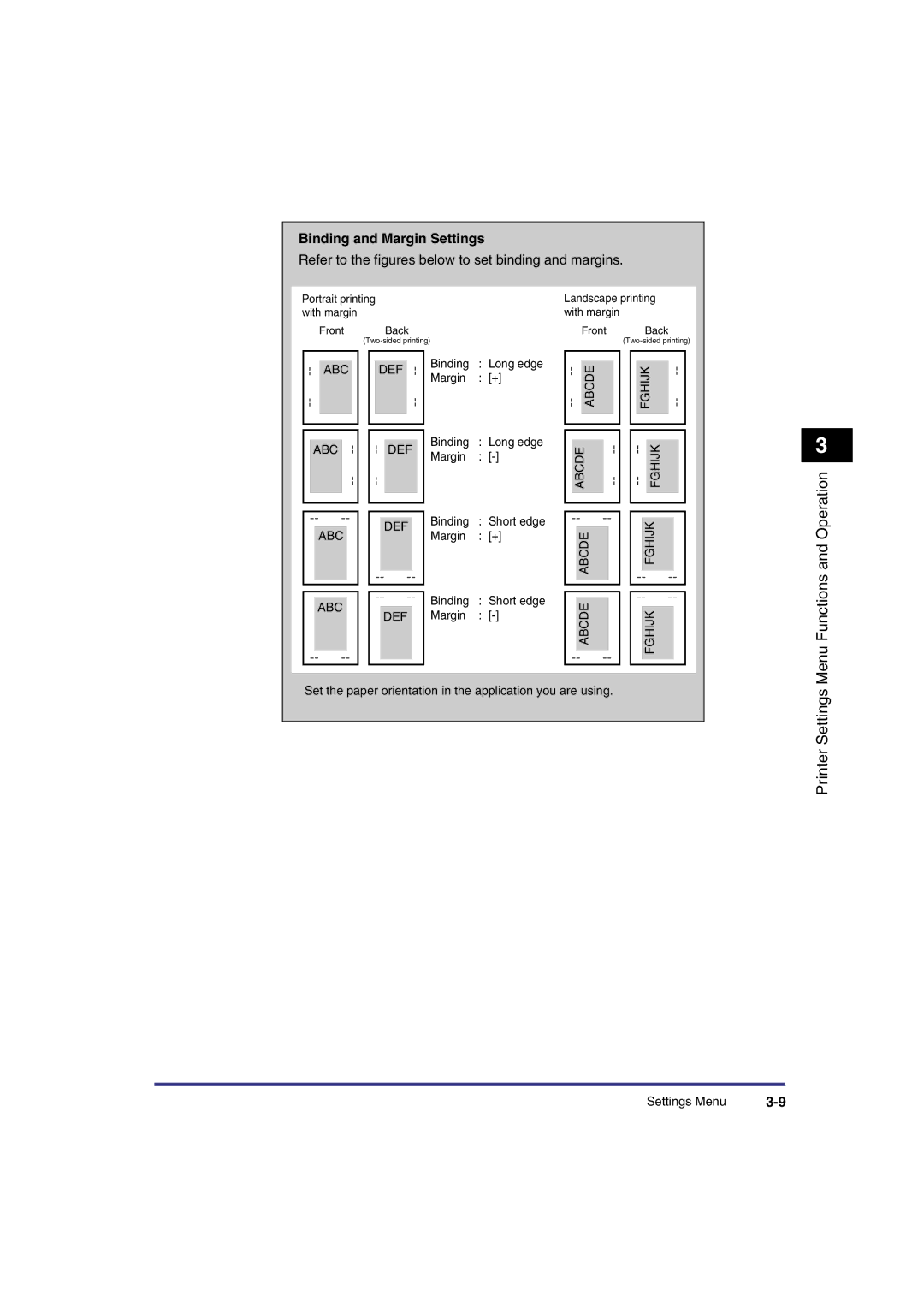 Canon IR3300 manual Printer Settings, Binding and Margin Settings 