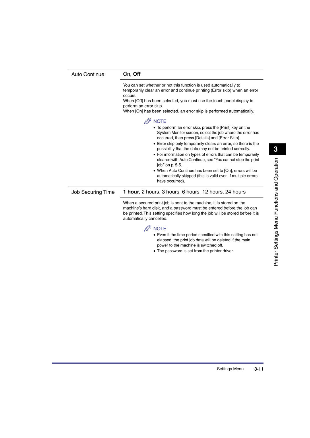 Canon IR3300 manual Auto Continue On, Off, Printer Settings Menu Functions and Operation 