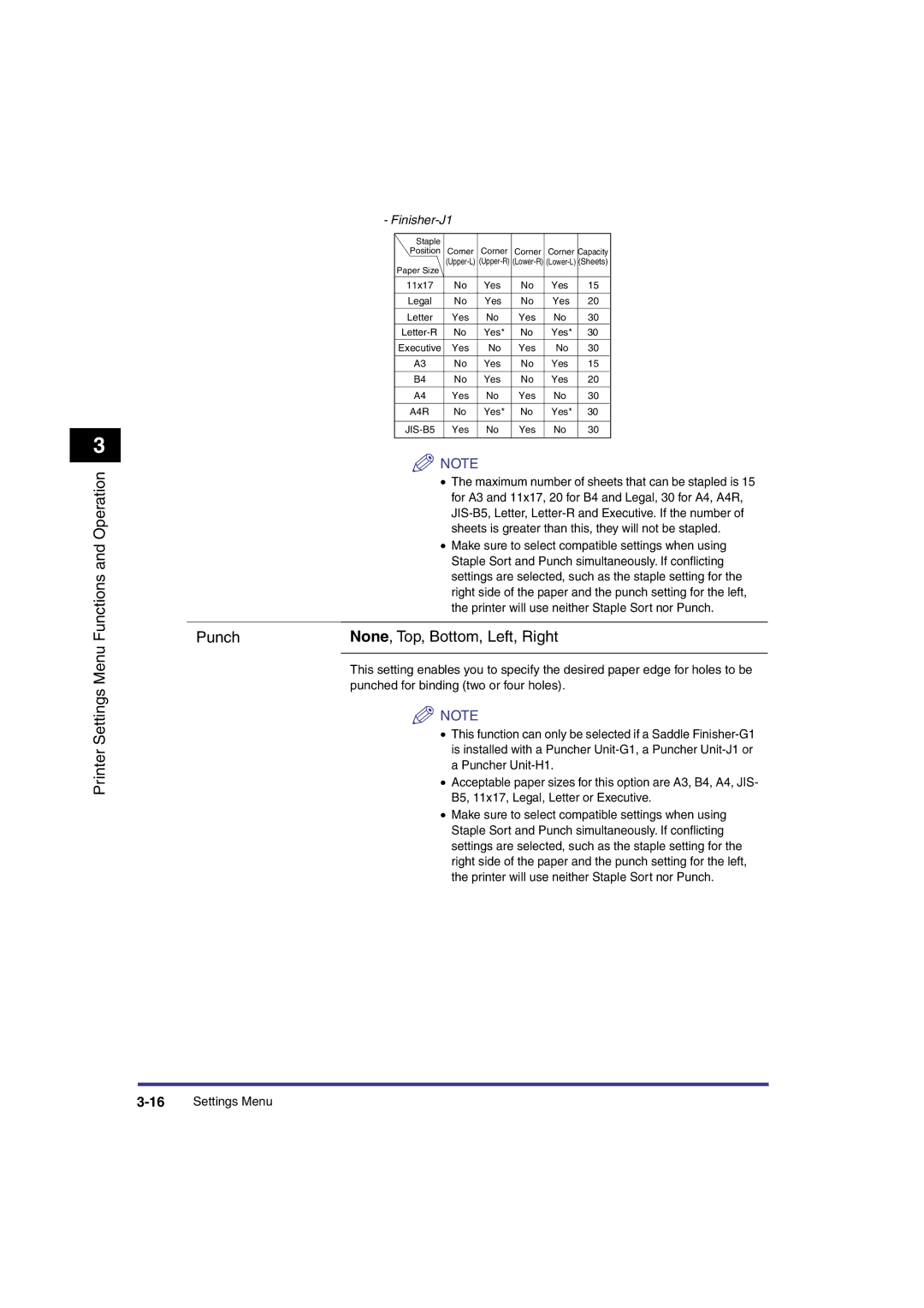 Canon IR3300 manual Punch None, Top, Bottom, Left, Right, Finisher-J1 