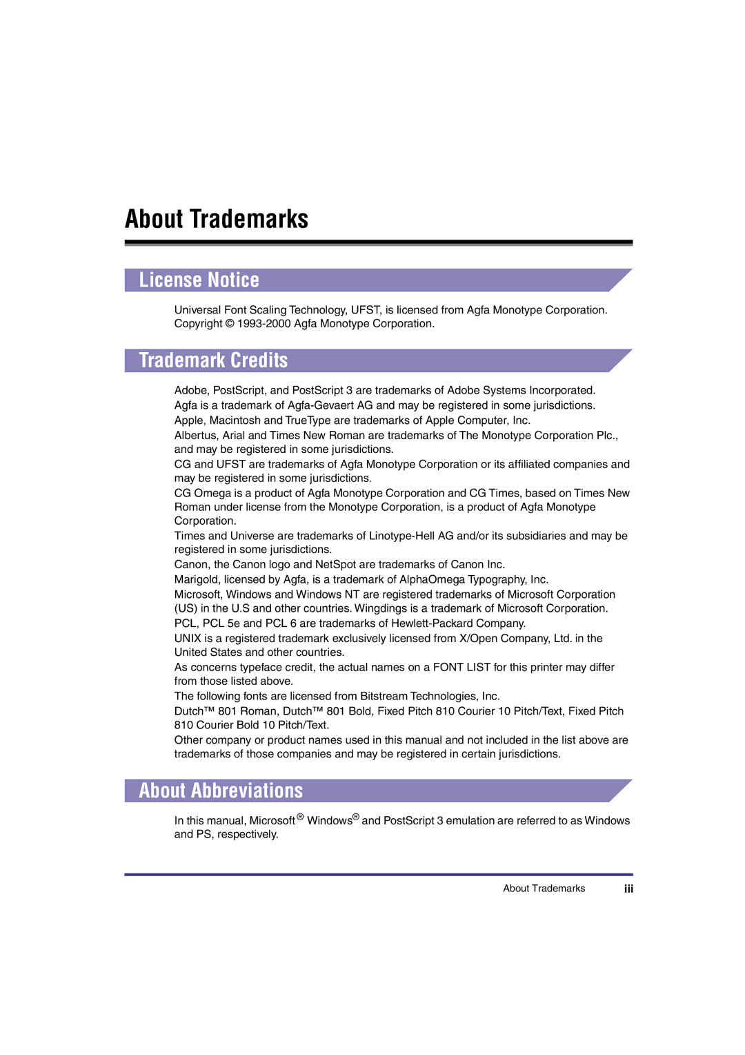 Canon IR3300 manual About Trademarks, License Notice, Trademark Credits, About Abbreviations 