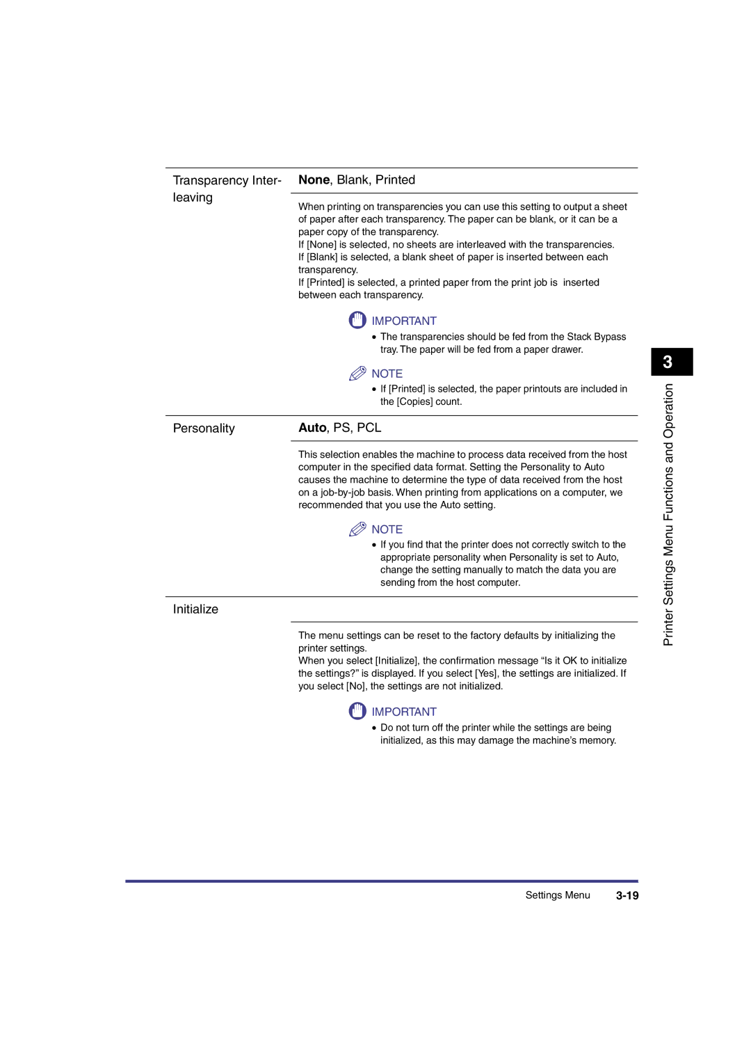 Canon IR3300 manual Transparency Inter- leaving None, Blank, Printed, Personality Auto, PS, PCL, Initialize 