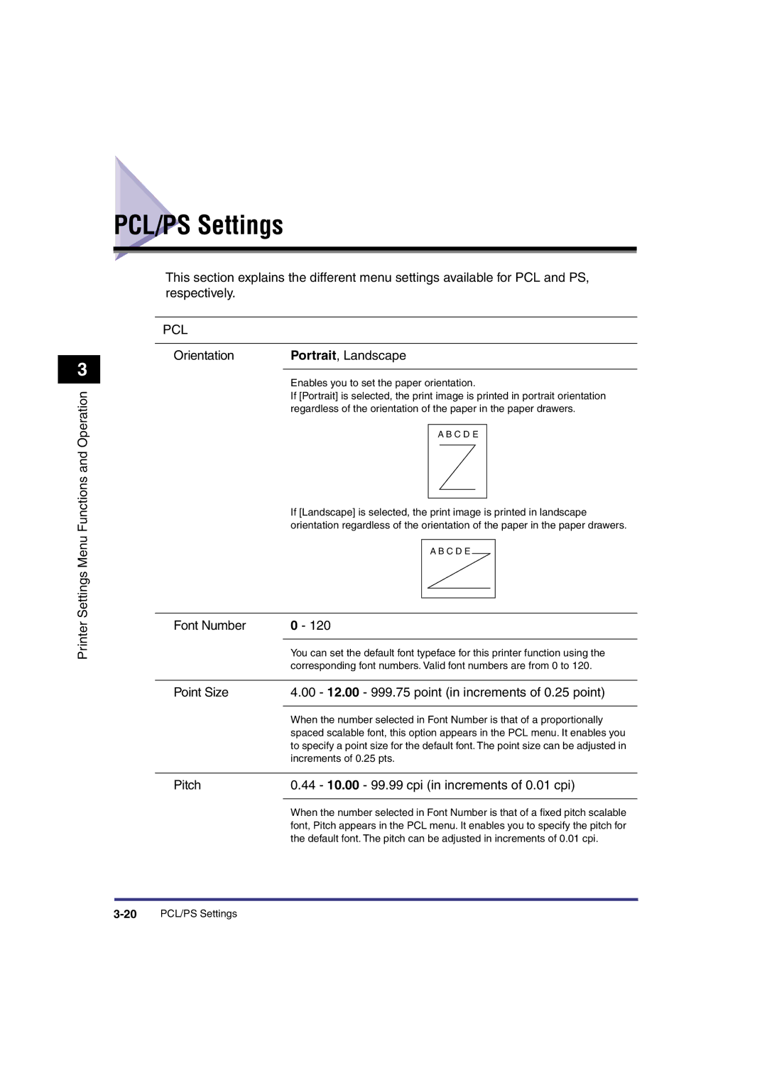 Canon IR3300 manual PCL/PS Settings, Orientation Portrait, Landscape, Font Number 